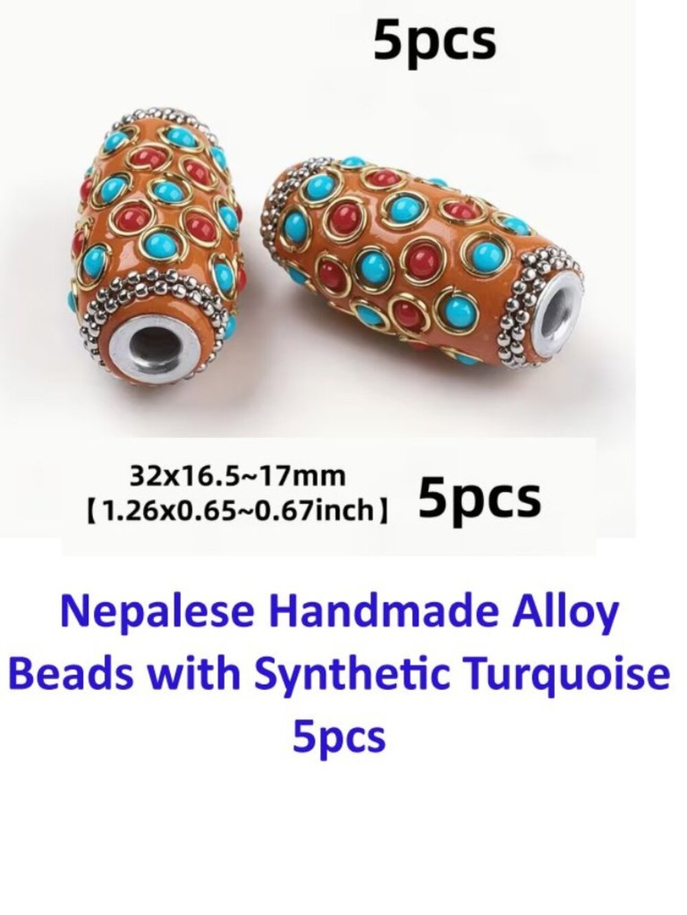 Nepalese Handmade Alloy Beads with Synthetic Turquoise 5pcs